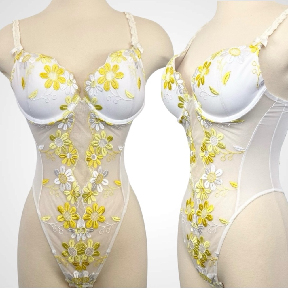 2002 Victoria’s Secret Yellow Daisy White Fishnet Mesh Camisole Thong Bodysuit